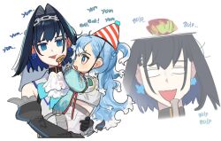 Rule 34 | 2girls, blue eyes, blue hair, bow, bow earrings, carrying, carrying person, chain, chain headband, detached sleeves, earrings, english text, eus ing, feeding, fork, hair intakes, hair ornament, hat, headband, hololive, hololive english, hololive indonesia, jacket, jewelry, kobo kanaeru, long hair, long sleeves, multicolored hair, multiple girls, ouro kronii, ouro kronii (1st costume), party hat, short hair, virtual youtuber, white background, white hair
