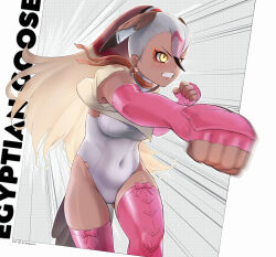 Rule 34 | 1girl, arm up, attack, bare shoulders, beleven, bird girl, bird tail, bird wings, black hair, blonde hair, boots, border, bow, breasts, brown hair, character name, clenched hands, clenched teeth, covered navel, cowboy shot, cropped shirt, dark-skinned female, dark skin, egyptian goose (kemono friends), elbow gloves, emphasis lines, fingerless gloves, gloves, hair slicked back, hand up, head wings, heattech leotard, high ponytail, highres, kemono friends, leotard, long hair, looking to the side, makeup, medium breasts, motion blur, multicolored hair, outside border, outstretched arm, paid reward available, pink footwear, pink gloves, pink hair, punching, red hair, scarf, shirt, sleeveless, sleeveless shirt, solo, tail, teeth, thigh boots, turtleneck, very long hair, white border, white hair, white leotard, wings, yellow eyes