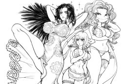 Rule 34 | 3girls, arm behind head, bikini, black hair, blonde hair, boa hancock, boa sandersonia, breasts, curvy, dress, earrings, female focus, height difference, highres, jewelry, large breasts, legs, long hair, marguerite (one piece), midriff, monochrome, multiple girls, navel, one piece, piercing, shoes, short hair, skirt, standing, stomach, swimsuit, the golden smurf, thick thighs, thighs, white background