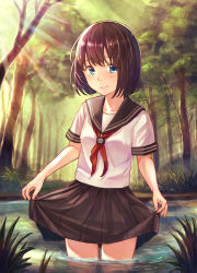 Rule 34 | 1girl, absurdres, bad id, bad pixiv id, black hair, black sailor collar, black skirt, blue eyes, blush, closed mouth, collared shirt, cowboy shot, day, forest, highres, huge filesize, looking at viewer, miniskirt, nature, neckerchief, original, outdoors, pleated skirt, red neckerchief, sailor collar, sailor shirt, shirt, short hair, short sleeves, skirt, skirt hold, smile, solo, standing, tanbonota46, thigh gap, wading, white shirt