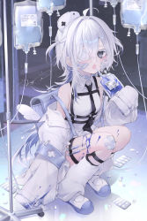 Rule 34 | 1girl, absurdres, ahoge, angel wings, armband, backpack, bag, bandage on face, bandage on knee, bandages, bandaid, bandaid on face, black necktie, blue armband, blue bag, blue footwear, chest harness, collared shirt, commentary request, eyepatch, grey eyes, hair between eyes, harness, hat, highres, holding, holding bag, holster, intravenous drip, iv stand, jirai kei, kneehighs, lab coat, long hair, long sleeves, looking at viewer, loose socks, mashiro shiki, medical eyepatch, necktie, nurse cap, one eye covered, open mouth, original, pill, shirt, shoes, sleeveless, sleeveless shirt, sleeves past fingers, sleeves past wrists, socks, solo, squatting, syringe, thigh holster, two-tone footwear, white footwear, white hair, white hat, white shirt, white socks, wings, yami kawaii
