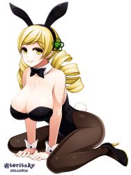 Rule 34 | 10s, 1girl, animal ears, arm support, bare shoulders, between legs, black bow, black bowtie, black footwear, black leotard, black pantyhose, blonde hair, bow, bowtie, breasts, cleavage, closed mouth, detached collar, drill hair, eyebrows, fake animal ears, full body, hair ornament, hairband, hand between legs, high heels, large breasts, leotard, long hair, looking at viewer, mahou shoujo madoka magica, mahou shoujo madoka magica (anime), pantyhose, playboy bunny, rabbit ears, rabbit tail, shoes, simple background, sitting, smile, solo, strapless, strapless leotard, swept bangs, tail, tomoe mami, torigoe takumi, twin drills, twintails, twitter username, wariza, white background, wrist cuffs, yellow eyes