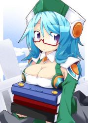 Rule 34 | 10s, blue eyes, blue hair, breasts, cardfight!! vanguard, cleavage, glasses, hat, huge breasts, lowres, royal paladin, silent sage sharon