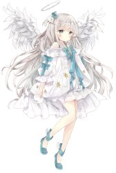 Rule 34 | 1girl, absurdres, angel, angel wings, bare shoulders, blue bow, blue footwear, blush, bow, closed mouth, commentary, dress, egg, feathered wings, full body, grey eyes, grey hair, hair bow, halo, highres, holding, long hair, long sleeves, looking at viewer, no socks, off-shoulder dress, off shoulder, one side up, original, puffy long sleeves, puffy sleeves, shoes, simple background, solo, symbol-only commentary, tsukiyo (skymint), very long hair, white background, white dress, white wings, wings