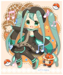 Rule 34 | 1girl, blush, brown dress, brown headwear, bug miku (project voltage), butterfly wings, chibi, creatures (company), dated, dress, game freak, gen 4 pokemon, green eyes, green hair, hair through headwear, hatsune miku, highres, insect wings, kricketot, kusunoki cherry, long hair, long sleeves, music, musical note, musical note print, nintendo, outstretched arm, poke ball, poke ball (basic), pokemon, pokemon (creature), project voltage, signature, silk, singing, spider web, star (symbol), star in eye, symbol in eye, teeth, twintails, upper teeth only, vocaloid, wings