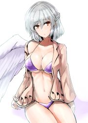 Rule 34 | 1girl, bikini, braid, breasts, brown eyes, closed mouth, cowboy shot, french braid, hair between eyes, highres, jacket, kishin sagume, large breasts, looking at viewer, navel, open clothes, open jacket, purple bikini, short hair, silver hair, simple background, single wing, solo, swimsuit, touhou, white background, white wings, wings, y2