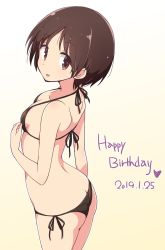 Rule 34 | 1girl, :p, arched back, back, bikini, black bikini, breasts, brown eyes, brown hair, butt crack, commentary, cowboy shot, dated, from above, from side, gradient background, halterneck, happy birthday, hasegawa fumi, heart, highres, looking at viewer, looking back, mel (melty pot), open mouth, short hair, side-tie bikini bottom, small breasts, smile, solo, standing, string bikini, swimsuit, tongue, tongue out, yellow background, yuyushiki
