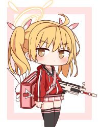 Rule 34 | 1girl, ahoge, bag, black thighhighs, blonde hair, blue archive, blush, closed mouth, commentary request, feet out of frame, gun, halo, hana kazari, highres, holding, holding gun, holding weapon, jacket, long hair, long sleeves, looking at viewer, pink skirt, pleated skirt, red jacket, skirt, solo, thighhighs, twintails, weapon, yellow eyes, yellow halo, yoshimi (blue archive)