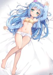 Rule 34 | 1girl, absurdres, animal ears, bare legs, barefoot, bed sheet, blue hair, blue jacket, blush, breasts, crop top, cropped jacket, full body, green eyes, highres, jacket, long hair, long sleeves, looking at viewer, lying, medium breasts, navel, on back, original, pointy ears, short shorts, shorts, solo, sparkle, stomach, tandohark, tank top, tareme, thigh gap, white shorts