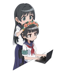 2girls absurdres armband black_hair blue_eyes blue_sailor_collar blue_skirt chair commentary computer flower_wreath green_armband head_wreath highres laptop long_hair multiple_girls neckerchief office_chair on_chair pension_z pleated_skirt red_neckerchief sailor_collar sakugawa_school_uniform saten_ruiko school_uniform short_hair simple_background sitting skirt swivel_chair toaru_kagaku_no_railgun toaru_majutsu_no_index uiharu_kazari white_background