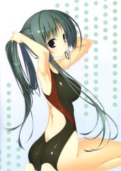Rule 34 | 1girl, adjusting hair, armpits, arms up, ass, barefoot, black hair, blue eyes, bunching hair, competition swimsuit, feet, from behind, kagome (traumatize), kneeling, long hair, looking back, mouth hold, one-piece swimsuit, original, ponytail, seiza, sitting, solo, swimsuit
