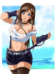 Rule 34 | 1girl, bare shoulders, black thighhighs, blue eyes, breasts, brown hair, choker, cleavage, dead or alive, dead or alive 5, female focus, fingerless gloves, gloves, kokoro (doa), large breasts, long hair, looking at viewer, midriff, miniskirt, nail polish, nipples, ocean, pink nails, raburebo, see-through, shirt, skirt, solo, suspenders, tecmo, thighhighs, water, wet, wet clothes, wet shirt, wet skirt