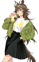 Rule 34 | 1girl, ahoge, animal ears, belt, black skirt, bow, brown hair, closed mouth, commentary request, cowboy shot, cup, drinking, drinking straw, drinking straw in mouth, floating hair, green bow, green eyes, green jacket, hair ornament, hairclip, hand in pocket, hat, holding, holding cup, horse ears, horse girl, horse tail, jacket, long hair, mini hat, mini top hat, misu kasumi, mr. c.b. (umamusume), pleated skirt, shirt, shirt writing, simple background, skirt, solo, t-shirt, tail, top hat, umamusume, white background, white hat, white shirt