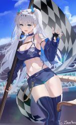 Rule 34 | 1girl, :d, absurdres, azur lane, black gloves, blue eyes, blue skirt, blue thighhighs, breasts, day, fingerless gloves, flag, gloves, hair ornament, hand up, highres, horns, large breasts, maanu, microskirt, navel, open mouth, outdoors, race queen, single bare shoulder, skirt, smile, stomach, suffren (azur lane), thighhighs, thighs, white hair