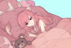 Rule 34 | 1girl, bed, bed sheet, bow, highres, holding, holding pillow, long hair, lying, on bed, on side, pillow, pink eyes, pink hair, pink theme, rin (shelter), riuichi, shelter (song), solo, stuffed animal, stuffed toy, teddy bear