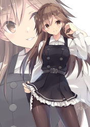 Rule 34 | 10s, 1girl, arashio (kancolle), artist name, belt, belt buckle, black belt, black dress, breasts, brown eyes, brown hair, buckle, clothes lift, dress, dress lift, grin, hand in own hair, highres, kantai collection, kobayashi chisato, long hair, long sleeves, pantyhose, pinafore dress, remodel (kantai collection), shirt, simple background, sleeveless dress, smile, thighband pantyhose, white background, white shirt, zoom layer