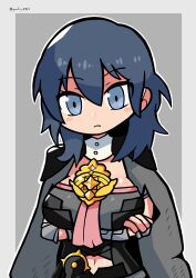 Rule 34 | 1girl, absurdres, armlet, armor, artist name, blue eyes, blue hair, bodice, breasts, bustier, byleth (female) (fire emblem), byleth (fire emblem), cape, chibi, clothing cutout, crossed arms, dagger, fire emblem, fire emblem: three houses, highres, knife, large breasts, medium hair, navel cutout, nintendo, shoulder armor, solo, tassel, turtleneck, upper body, vambraces, weapon, zachukun