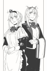 Rule 34 | 2019, 2girls, alternate costume, alternate hairstyle, apron, bad id, bad twitter id, blush, braid, breasts, butler, closed mouth, collared shirt, commentary request, cowboy shot, crown, dress, female butler, flower, french braid, gloves, greyscale, hair between eyes, hair bun, hair ornament, hairband, headgear, jacket, kantai collection, long hair, long sleeves, looking at viewer, low-tied long hair, maid, maid apron, mini crown, monochrome, multiple girls, nelson (kancolle), own hands together, puffy long sleeves, puffy sleeves, ribbon, rose, shirt, sidelocks, simple background, single hair bun, smile, sparkle, warspite (kancolle), weidashming, white background
