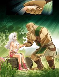 Rule 34 | 1boy, 1girl, ankle wrap, bald, barefoot, breasts, comic, daimaou k, dark skin, deel, empty eyes, eye contact, grass, haevest, hepas, hetero, holding hands, leaning forward, light rays, log, long hair, looking at another, miniskirt, nipples, no bra, one breast out, original, outdoors, sash, shoulder sash, sitting, size difference, skirt, sunbeam, sunlight, wavy hair, white hair