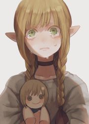 Rule 34 | 1girl, aged down, blonde hair, blush, braid, button eyes, buttons, character doll, choker, crying, crying with eyes open, doll, dungeon meshi, elf, falin touden, falin touden (doll), falin touden (tallman), green eyes, hair over shoulder, highres, long hair, looking at viewer, marcille donato, pointy ears, quad braids, quad tails, r06ku, scared, simple background, solo, stuffed toy, tears, upper body, wavy hair, white background