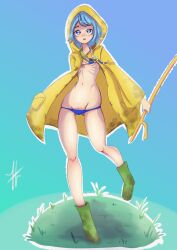 1girl absurdres bead_necklace beads blue_eyes blue_hair boots cane cross cross_necklace green_footwear highres holding holding_cane hood hood_up jewelry jubilee_2025 latin_cross luce_(jubilee_2025) naked_raincoat navel necklace open_mouth raincoat rubber_boots short_hair solo varoz yellow_raincoat