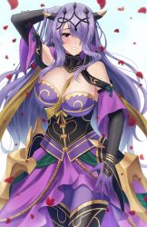 Rule 34 | 1girl, armor, armored dress, blush, breasts, camilla (alluring darkness) (fire emblem), camilla (fire emblem), cleavage, detached collar, detached sleeves, doiparuni, dress, fake horns, fire emblem, fire emblem fates, fire emblem heroes, gloves, hair over one eye, highres, horned headwear, horns, large breasts, looking at viewer, nintendo, official alternate costume, pantyhose, parted lips, petals, purple gloves, purple hair, purple pantyhose, shawl, solo, thighhighs, tiara