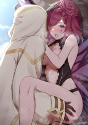 Rule 34 | 1boy, 1girl, ass grab, blue eyes, breasts, cleavage, cloak, clothed sex, fire emblem, fire emblem heroes, flower, hair flower, hair ornament, hetero, highres, kiran (fire emblem), kiran (male) (fire emblem), large breasts, leg up, leotard, looking at another, navel, nintendo, open mouth, panna444, pink hair, rose, saliva, saliva trail, see-through, sex, short hair, solo focus, standing, standing sex, sweat, triandra (fire emblem)