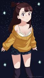 Rule 34 | 1girl, artist name, breasts, brown eyes, brown hair, camisole, cleavage, highres, kagari atsuko, kneehighs, little witch academia, looking at viewer, medium breasts, off shoulder, ponytail, reyrey kindhart, shorts, sky, socks, solo, star (sky), star (symbol), starry background, starry sky, sweater, yellow sweater