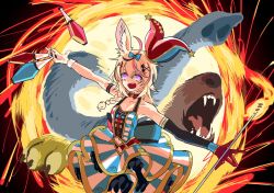 Rule 34 | 1girl, animal ear fluff, animal ears, bare shoulders, bear, blonde hair, blue bow, bow, breasts, collarbone, commentary request, elbow gloves, elephant, fangs, fox ears, fox girl, gloves, hair bow, hat, hololive, hololive alternative, jester cap, juggling club, leaning back, magic, mochizuki maya, omaru polka, omaru polka (1st costume), open hands, open mouth, portal (object), purple eyes, red gloves, single elbow glove, single glove, skirt, small breasts, solo, sparkling eyes, stick, striped clothes, striped skirt, tilted headwear, virtual youtuber