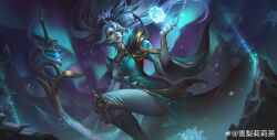 Rule 34 | 1girl, absurdres, artist name, aurora, boots, breasts, crown, diana (league of legends), dress, expressionless, eyeshadow, floating hair, forehead, green dress, highres, holding, holding weapon, large breasts, league of legends, long hair, makeup, mountain, night, night sky, official alternate costume, official alternate hairstyle, outdoors, pants, parted bangs, parted lips, sidelocks, sky, snow, snowflakes, solo, standing, star (sky), sydney lily, thigh boots, weapon, white hair, white pants, wide sleeves, winterblessed diana