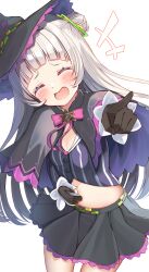 Rule 34 | 1girl, bare legs, black capelet, black gloves, black hat, black shirt, black skirt, blunt bangs, blush, bow, bowtie, breasts, capelet, cleavage, closed eyes, commentary request, cowboy shot, cropped shirt, gloves, grey hair, hair bun, hand on own stomach, hat, highres, hololive, laughing, long hair, midriff, murasaki shion, murasaki shion (1st costume), open mouth, pink bow, pink bowtie, pleated skirt, pointing, pointing at viewer, rappi, shirt, sidelocks, simple background, skirt, small breasts, smile, solo, striped clothes, striped shirt, vertical-striped clothes, vertical-striped shirt, virtual youtuber, white background, witch hat