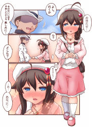 Rule 34 | ..., 10s, 1boy, 1girl, admiral (kancolle), ahoge, alternate costume, blue eyes, blush, braid, brown hair, clothes grab, comic, commentary, faceless, faceless male, hair ornament, heart, heart-shaped lock, heart necklace, highres, jacket tug, jewelry, kanon (kurogane knights), kantai collection, locket, long hair, necklace, open mouth, pendant, remodel (kantai collection), ring, shigure (kancolle), sparkle, spoken ellipsis, translation request, wedding band, wedding ring
