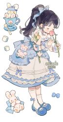 Rule 34 | 1girl, animal bag, ankle socks, artist name, asymmetrical legwear, back bow, bag, black hair, blue bow, blue bowtie, blue dress, blue footwear, blush stickers, bouquet, bow, bow legwear, bowtie, capelet, child, closed eyes, closed mouth, commentary, commission, covered mouth, cup, dress, english commentary, eyelashes, flower, frilled bow, frilled dress, frilled sleeves, frilled wrist cuffs, frills, full body, hair bow, highres, holding, holding bouquet, holding flower, in container, in cup, kneehighs, lace, lace-trimmed dress, lace-trimmed socks, lace trim, layered dress, leaning forward, lid, long hair, mary janes, mismatched legwear, original, pink flower, pink tulip, plate, ponytail, puffy short sleeves, puffy sleeves, putong xiao gou, rabbit, sample watermark, shoes, short sleeves, shoulder bag, simple background, single kneehigh, single sock, smelling flower, socks, solo, spoon, striped, striped bow, sugar cube, teacup, tulip, watermark, white background, white capelet, white dress, white flower, white sleeves, white socks, white tulip, white wrist cuffs, wrist bow