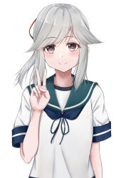 Rule 34 | 1girl, blush, brown eyes, closed mouth, green sailor collar, grey hair, hair ribbon, highres, kantai collection, koru pera, looking at viewer, red ribbon, ribbon, sailor collar, school uniform, serafuku, short hair, short sleeves, simple background, smile, solo, upper body, usugumo (kancolle), v, white background