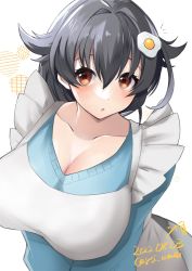 Rule 34 | 1girl, apron, black hair, blue sweater, breasts, cleavage, collarbone, commentary request, egg hair ornament, food-themed hair ornament, frilled apron, frills, hair flaps, hair ornament, highres, jingei (kancolle), kantai collection, large breasts, long hair, looking at viewer, low ponytail, official alternate costume, one-hour drawing challenge, red eyes, simple background, solo, sweater, toriniku senshi chikinman, upper body, white apron, white background