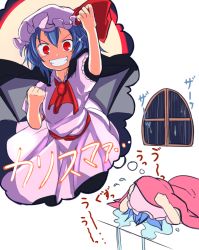 Rule 34 | &gt;:), 1girl, ascot, bat wings, blue eyes, blue hair, blush, brooch, crying, dress, furorina, grin, hair between eyes, hat, hat ribbon, imagining, jewelry, looking at viewer, mob cap, puffy short sleeves, puffy sleeves, rain, red ribbon, remilia scarlet, ribbon, short hair, short sleeves, smile, solo, thought bubble, touhou, under covers, uu~, v-shaped eyebrows, white dress, wings