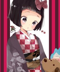 Rule 34 | 1girl, 2018, :o, animal, bad id, bad pixiv id, black eyes, black hair, blunt bangs, blush, bow, brown coat, checkered clothes, checkered kimono, chinese zodiac, coat, commentary request, dog, hair bow, headpat, highres, japanese clothes, kimono, lion dance, looking at viewer, obi, original, overcoat, parted lips, red bow, sash, shishimai, short hair, solo, striped, tongue, tongue out, tsukiyo (skymint), unmoving pattern, vertical stripes, year of the dog