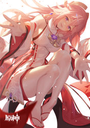 Rule 34 | 1girl, animal ears, breasts, chinese commentary, company name, detached sleeves, earrings, fox ears, full body, genshin impact, hair between eyes, hair ornament, head tilt, henz, highres, japanese clothes, jewelry, knees, large breasts, long hair, long sleeves, looking at viewer, looking down, miko, necklace, outstretched arms, parted lips, pink hair, priestess, purple eyes, red footwear, sandals, sidelocks, simple background, smile, solo, thighs, toes, tree, vision (genshin impact), white background, wide sleeves, yae miko