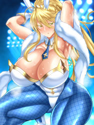 Rule 34 | armpits, arms behind head, artoria pendragon (all), artoria pendragon (fate), artoria pendragon (swimsuit ruler) (fate), blonde hair, blue pantyhose, breasts, dorachefu, fate/grand order, fate (series), green eyes, highres, huge breasts, leotard, pantyhose, playboy bunny, sweat, thick thighs, thighs