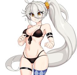 Rule 34 | 1girl, armband, bikini, black bikini, blue thighhighs, breasts, clenched teeth, commentary, english commentary, front-tie top, girls&#039; frontline, gluteal fold, grey hair, groin, groin tendon, hair between eyes, long hair, medium breasts, navel, pkp (girls&#039; frontline), ponytail, single thighhigh, solo, steam captein, swimsuit, teeth, thighhighs, thighs, very long hair, white background, yellow eyes