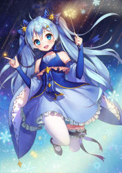 Rule 34 | 1girl, ahoge, blue dress, blue eyes, blue hair, detached sleeves, dress, full body, hair ornament, hairclip, hatsune miku, highres, index finger raised, long hair, looking at viewer, open mouth, snowflakes, solo, star (sky), thighhighs, twintails, very long hair, vocaloid, wand, white thighhighs, yuki miku