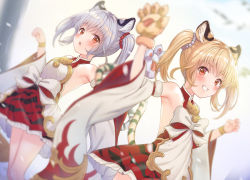 Rule 34 | 2girls, animal ears, animal hands, bai (granblue fantasy), bare shoulders, bell, blonde hair, blush, claw pose, detached sleeves, dress, erune, fubuki rinne, gloves, granblue fantasy, grey hair, hair bobbles, hair ornament, highres, huang (granblue fantasy), jingle bell, looking at viewer, multiple girls, outdoors, paw gloves, red eyes, siblings, sleeveless, sleeveless dress, smile, tail, teeth, tiger ears, tiger girl, tiger paws, tiger tail, twins, twintails, wide sleeves