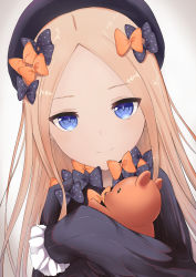 Rule 34 | 1girl, abigail williams (fate), absurdres, bad id, bad pixiv id, black bow, black dress, black hat, blue eyes, bow, closed mouth, commentary request, coraman, dress, dutch angle, fate/grand order, fate (series), forehead, gradient background, grey background, hair bow, hat, highres, hugging object, light brown hair, long hair, long sleeves, orange bow, parted bangs, pixiv fate/grand order contest 2, polka dot, polka dot bow, sleeves past fingers, sleeves past wrists, smile, solo, stuffed animal, stuffed toy, teddy bear, very long hair