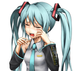 Rule 34 | 1girl, aqua hair, bad id, bad pixiv id, crying, detached sleeves, hatsune miku, maazyu, necktie, open mouth, solo, tears, twintails, vocaloid