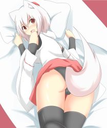 Rule 34 | 1girl, animal ears, ass, black panties, black thighhighs, blush, breasts, clothes lift, detached sleeves, fang, gauntlets, hat, highres, inubashiri momiji, long sleeves, looking at viewer, looking back, lying, mii (makosuke), on stomach, open mouth, panties, pillow, pink eyes, shirt, short hair, silver hair, skirt, skirt lift, solo, tail, thigh gap, thighhighs, tokin hat, touhou, underwear, upskirt, wide sleeves, wolf ears, wolf tail