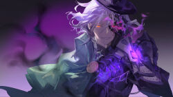 Rule 34 | 1boy, absurdres, black fire, black gloves, cracked skin, cross-shaped pupils, edmond dantes (fate), fate/grand order, fate (series), fire, flaming hand, gloves, glowing, gradient hair, grey hair, hat, highres, looking at viewer, male focus, multicolored hair, purple fire, red eyes, smile, solo, symbol-shaped pupils, the count of monte cristo (fate), user huxs2223
