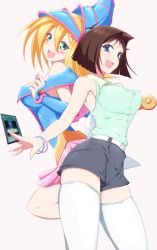 Rule 34 | 2girls, armpits, back-to-back, bare shoulders, black shorts, blonde hair, blue dress, blue eyes, blush, blush stickers, bracelet, breasts, brown hair, card, clenched hand, collared shirt, danpu, dark magician girl, dress, duel monster, female focus, green eyes, green shirt, hair between eyes, happy, hat, highres, jewelry, large breasts, long hair, looking at viewer, mazaki anzu, multiple girls, neck, off-shoulder dress, off shoulder, open mouth, shirt, short hair, short shorts, shorts, sleeveless, sleeveless shirt, smile, staff, standing, thighhighs, white legwear, wizard hat, yu-gi-oh!, yu-gi-oh! duel monsters
