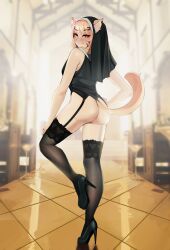 Rule 34 | 1girl, animal ear fluff, animal ears, ass, black thighhighs, blonde hair, cat ears, cat girl, cat tail, commentary, english commentary, facial mark, from side, garter straps, habit, hand on own hip, hand on own leg, high heels, highres, indie virtual youtuber, long hair, looking at viewer, nun, pupi (rain prophet), red eyes, shyrei faolan, smile, solo, tail, thighhighs, virtual youtuber, whisker markings