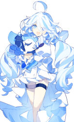 Rule 34 | 1girl, alternate costume, animal, blue eyes, blue hair, closed eyes, cyenmi3, dress, drill hair, feet out of frame, furina (genshin impact), genshin impact, heterochromia, highres, holding, holding animal, long hair, looking at viewer, multicolored hair, open mouth, puffy sleeves, simple background, smile, streaked hair, surintendante chevalmarin, thigh strap, wavy hair, white background, white dress, white hair