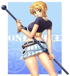 Rule 34 | 1girl, back, belt, bracelet, breasts, compass rose, copyright name, enies lobby, female focus, hip focus, jewelry, log pose, nami (one piece), one piece, orange hair, pleated skirt, skirt, smile, solo, staff, weapon, wide hips